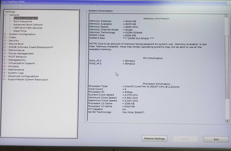 Dell OptiPlex 7070 USFF | Intel Core i5-9500T @ 2.20 GHz | 8GB DDR4 - NO HDD