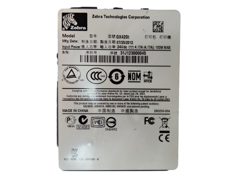 Zebra GX420t Thermal Transfer Label Printer USB, GX42-102710-000