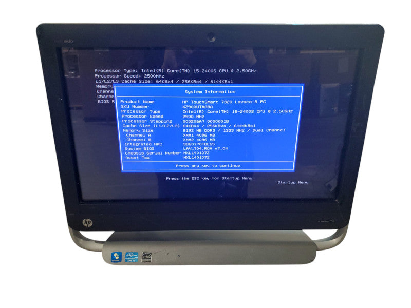 HP TOUCHSMART 7320 AIO 21.5" | i5-2400S @ 2.50GHZ | 8GB RAM | No HDD Q