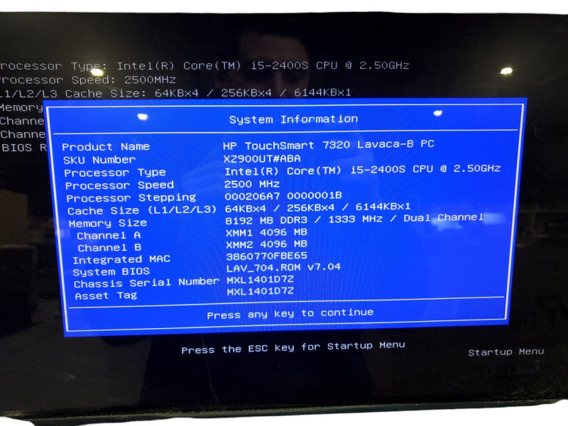 HP TOUCHSMART 7320 AIO 21.5" | i5-2400S @ 2.50GHZ | 8GB RAM | No HDD Q