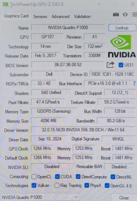 NVIDIA Quadro P1000 4GB GDDR5 4x Mini DP Graphics Card, FH Profile _