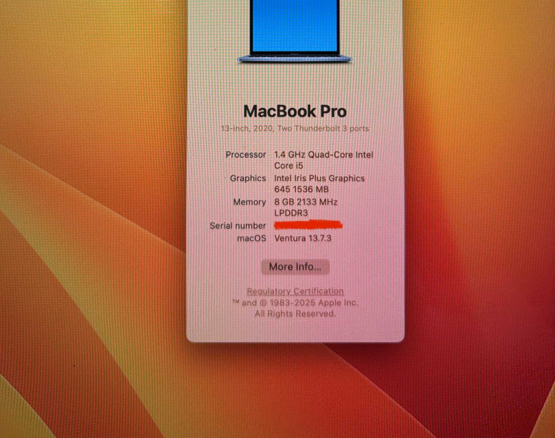 Apple MacBook Pro 13" TouchBar 2020 i5-8257U 8GB 256SSD No Power Adapter READ