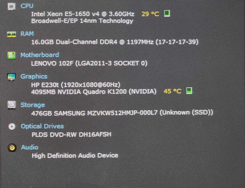 LENOVO ThinkStation P410, Xeon E5-1650 v4 3.60GHz, 16GB RAM, 512GB NVMe,K1200
