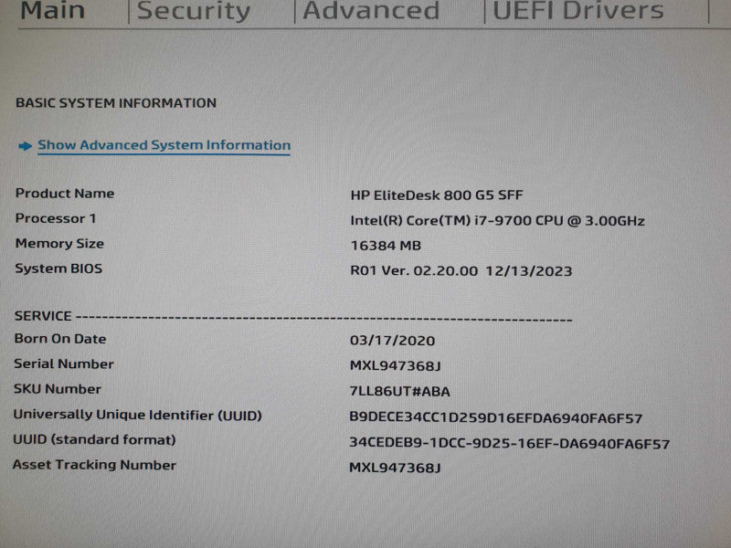 HP EliteDesk 800 G5 SFF, Intel i7-9700 @ 3.00GHz, 16 GB RAM, NO HDD Q
