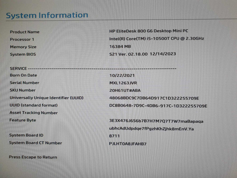 HP EliteDesk 800 G6 Desktop Mini PC, i5-10500T @ 2.3GHz, 16GB DDR4, No HDD/OS