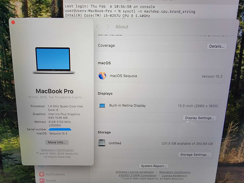 Apple MacBook Pro A2289 13" 2020 | i5-8257U @1.4GHz 8GB RAM 250GB SDD - READ
