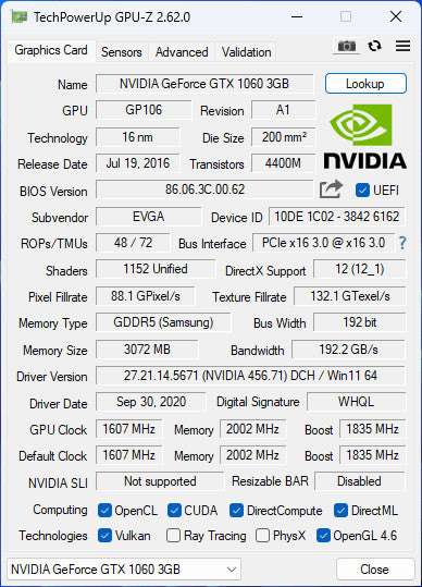 EVGA NVIDIA GTX 1060 3GB PCIE %