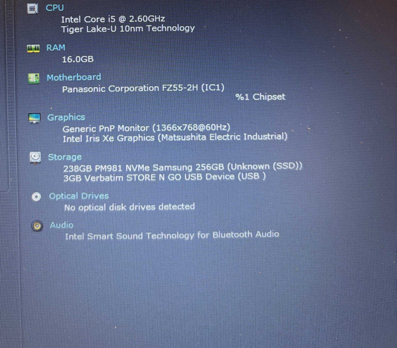 Panasonic ToughBook FZ-55 Intel Core i5-1145G7 16GB RAM 256GB SSD 2940Hrs.