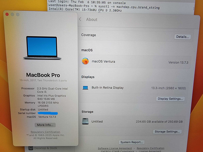 Apple MacBook Pro 13" 2017 A1708 | i5-7360U @2.3GHz 16GB RAM 250GB SSD - READ