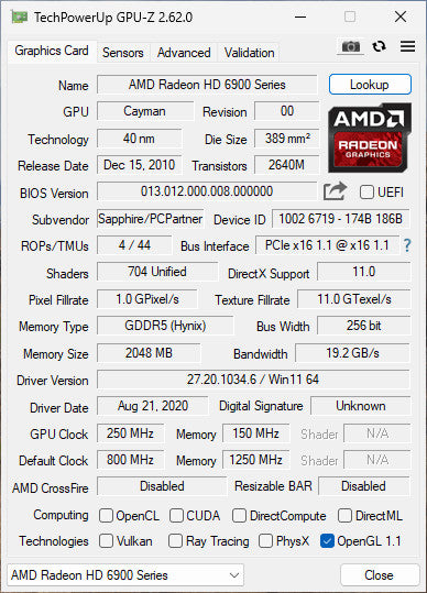 SAPPHIRE AMD RADEON HD 6950 2GB PCIE %