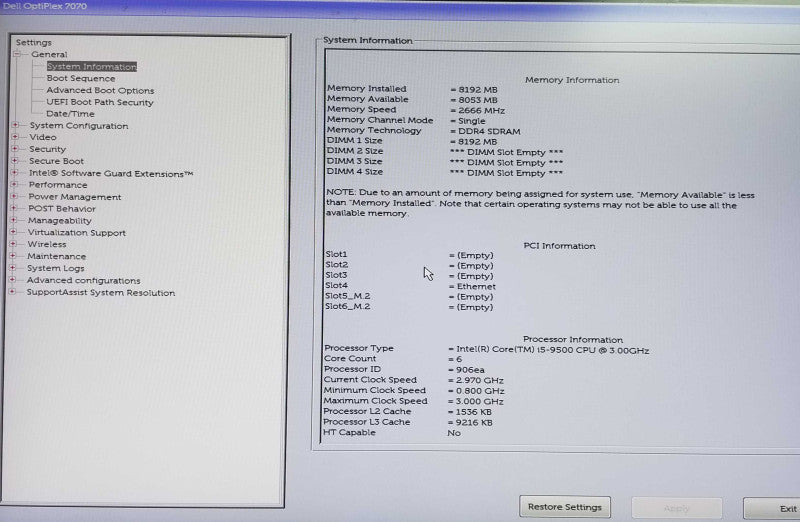 Dell Optiplex 7070 Tower | i5- 9500 CPU @3.00 GHz | 8GB RAM - NO HDD
