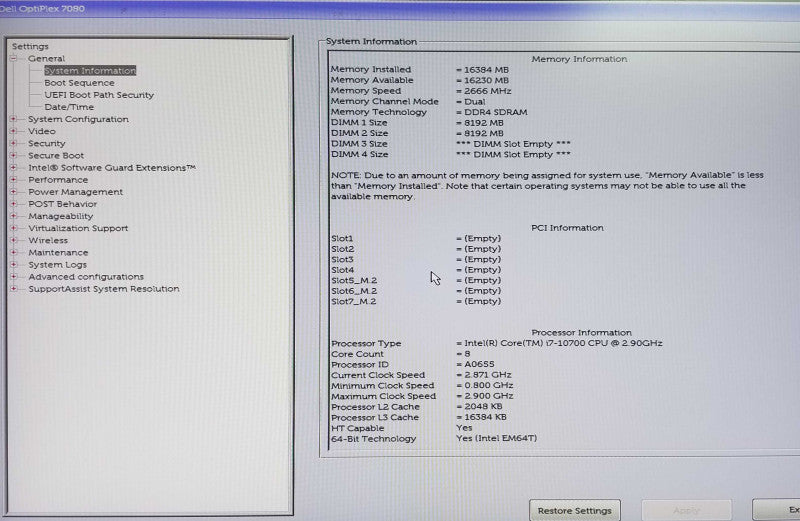 Dell Optiplex 7080 Tower | Intel i7-10700 CPU @2.90GHz | 16GB RAM - NO HDD