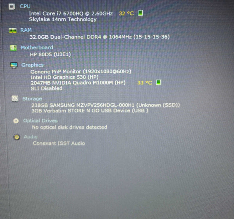 HP Zbook 15 G3 Core i7-6700HQ@2.6GHz QUADRO M1000M 2GB GPU 32GB RAM 256GB SSD  Lap200