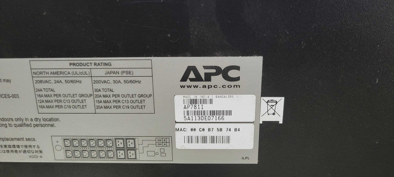 APC AP7811 Metered PDU 2U 24A 208V 50/60Hz 12XC13 4XC19 with Rack Ears _