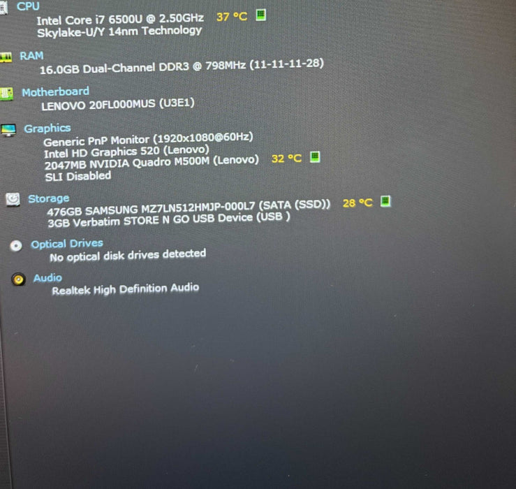 Lenovo ThinkPad P50s i7-6500U@2.5GHz QUADRO M500M 2GB GPU 16GB RAM 256GB SSD  Lap200