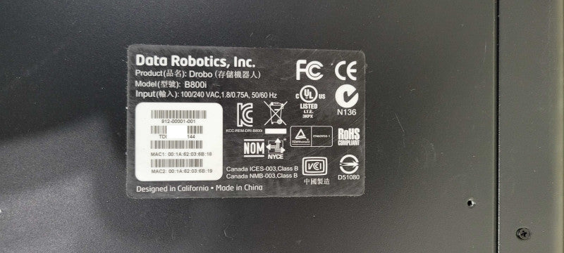 DROBO DATA ROBOTICS B800I ARRAY STORAGE ENCLOSURE 8x 2TB HDDs, READ _