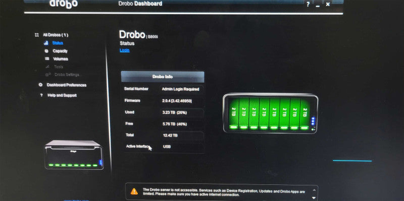 DROBO DATA ROBOTICS B800I ARRAY STORAGE ENCLOSURE 8x 2TB HDDs, READ _