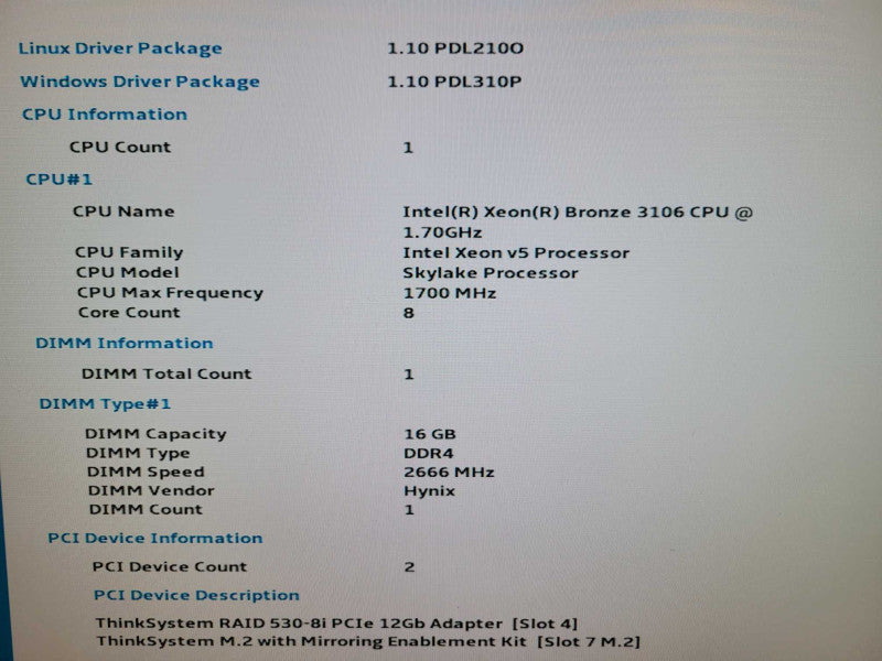 Lenovo TS SR590 - Xeon Bronze 3106 | 16GB RAM | NO HDD | AVAGO 530-8i |1x750W %