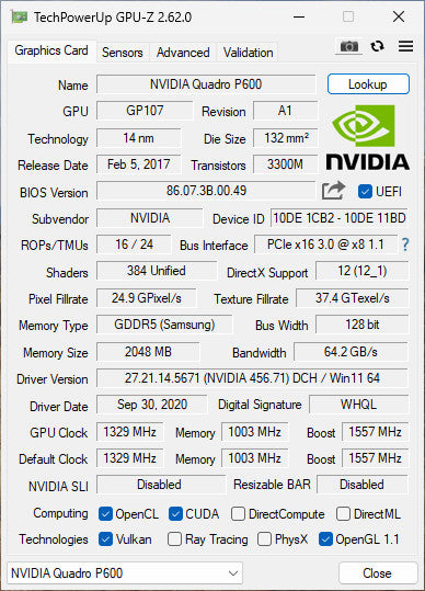 NVIDIA QUADRO P600 2GB PCIE %