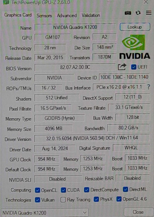 Nvidia Quadro K1200 4GB Mini DisplayPort Video Graphics Card, FH Bracket _