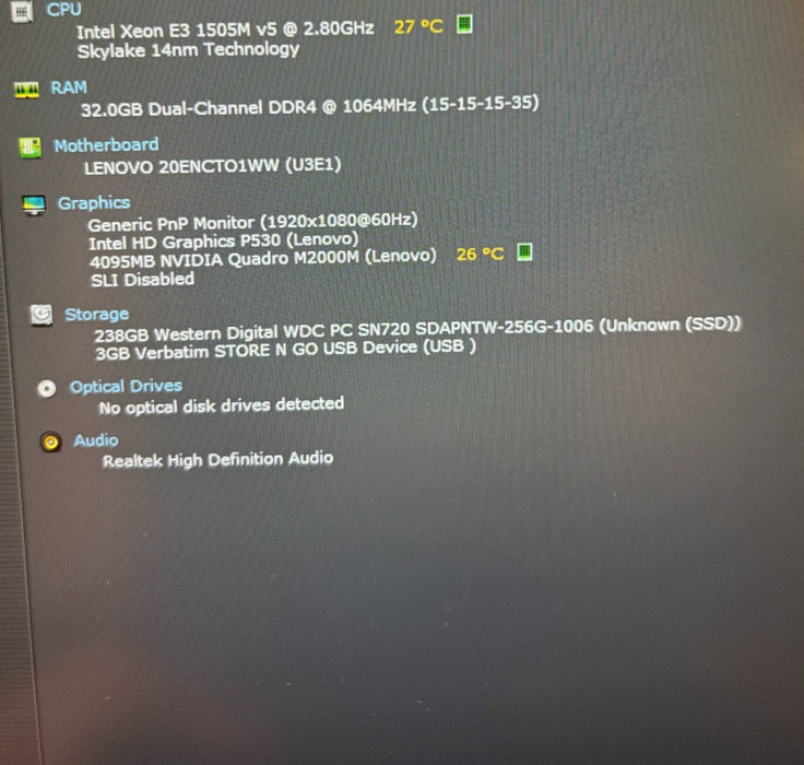 Lenovo ThinkPad P50 XEON E3-1505 QUADRO M2000M 4GB GPU 32GB RAM 256SSD READ!  Lap200