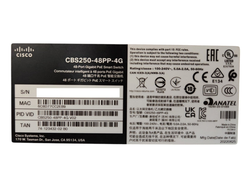 Cisco CBS250-48PP-4G V02, 48-Port Gigabit PoE+ 195W Smart Switch
