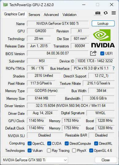 MSI NVIDIA GTX 980Ti 6GB PCIE %