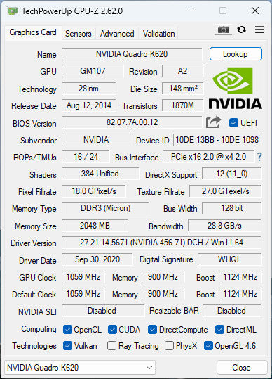 NVIDIA Quadro K620 | 2GB DDR3 GPU | 1xDVI 1xDP