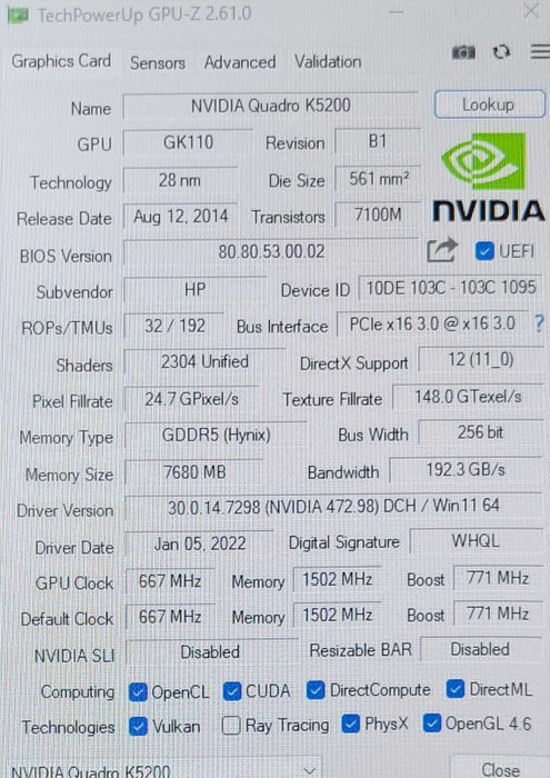 HP Nvidia Quadro K5200 8GB GDDR5 Graphics Video Card GPU _