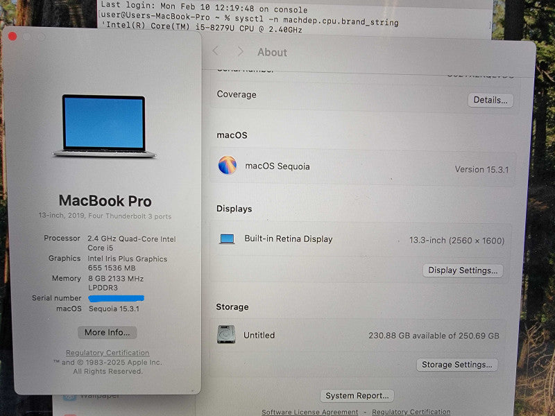 Apple MacBook Pro 13" 2019 A1989 | i5-8279U @2.4GHz 8GB RAM 256GB SSD - READ