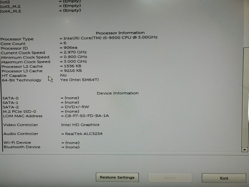 Dell OptiPlex 3070 SFF, i3-9500 CPU @ 3.00 GHz, 16GB No HDD
