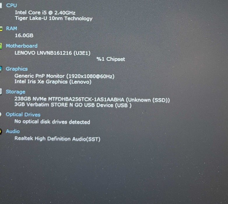 Lenovo ThinkBook 14 G2 ITL Core i5-1135G7@2.4GHz 16GB RAM 256GB SSD READ! Q Lap200