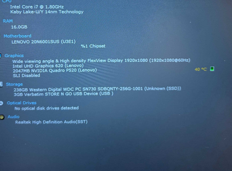 Lenovo ThinkPad P53s i7-8565U@1.8GHz QUADRO P520 2GB GPU 16GB RAM 256GB SSD  Lap200