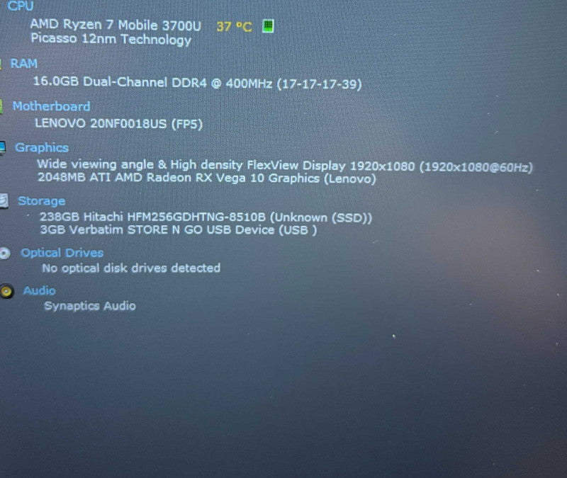 Lenovo ThinkPad E595 AMD Ryzen 7-3700U Radeon RX Vega 10 GPU 16GB RAM 256GB S  Lap200