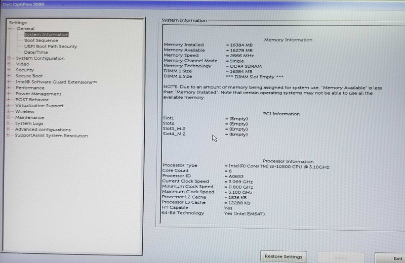 Dell OptiPlex 3080 SFF  | Intel i5-10500 CPU @3.10GHz | 16GB RAM - NO HDD