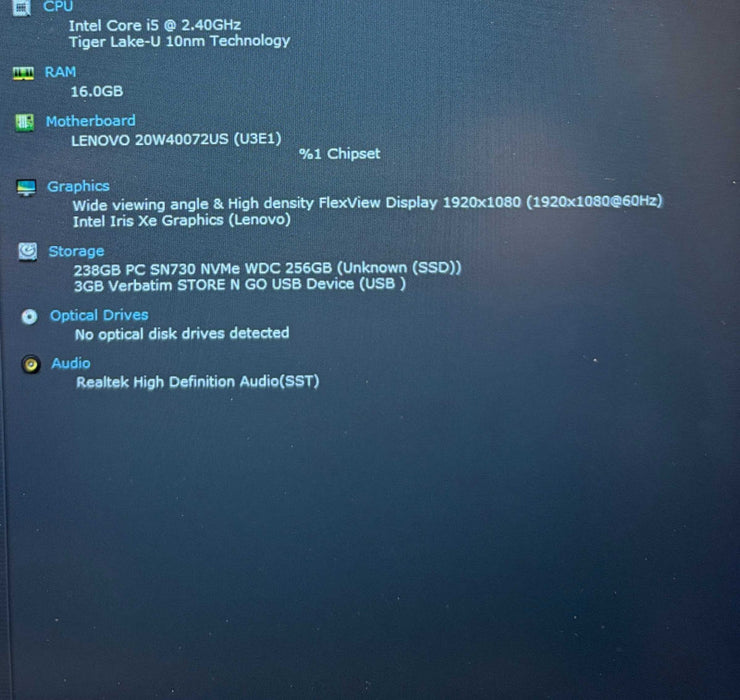 Lenovo ThinkPad T15 Gen 2 Intel Core i5-1135G7@2.4GHz 16GB DDR4 RAM 256GB SSD  Lap200