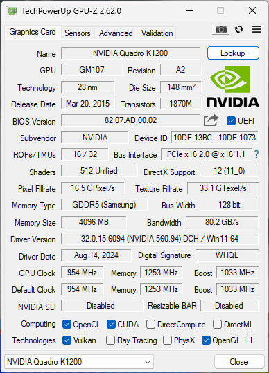 NVIDIA QUADRO K1200 4GB PCIE Low-Profile Q%
