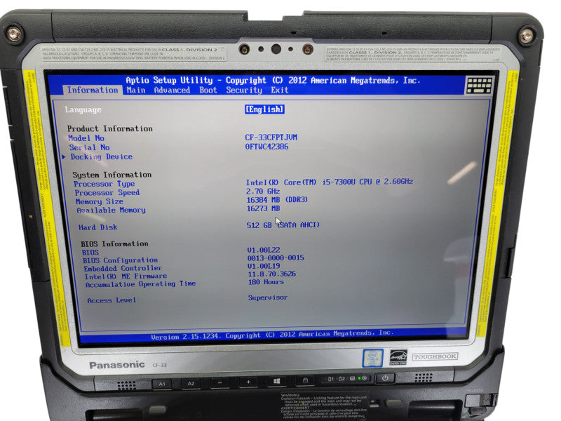 PANASONIC ToughBook CF-33 - Core i5-7300 16GB RAM 512GB SSD 180HRS %