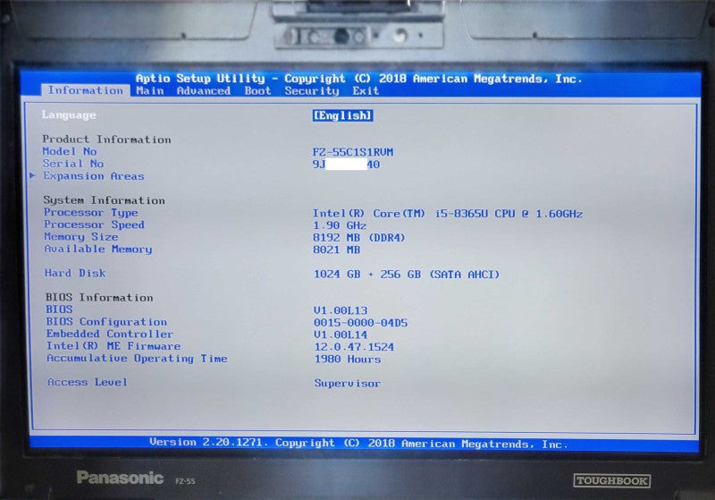Panasonic Toughbook FZ-55 Touch, i5-8365U, 16GB DDR4 256GB SSD 1980 Hours Q_ Lap200