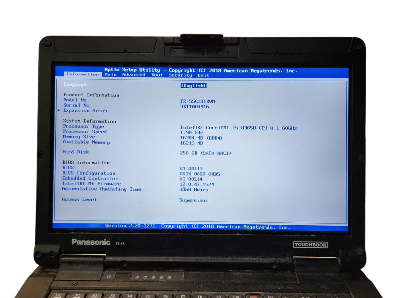 Panasonic Toughbook FZ-55, i5-8365U, 16GB RAM, 256GB, 3860 Hours Q Lap200