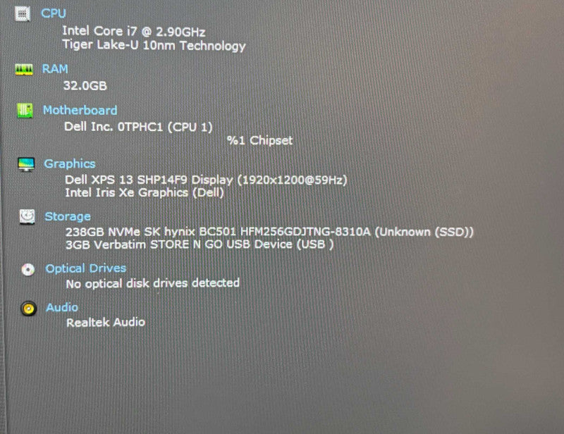 Dell XPS 13 9310 i7-1195G7 32GB RAM 256GB SSD No Power Adapter  Lap200