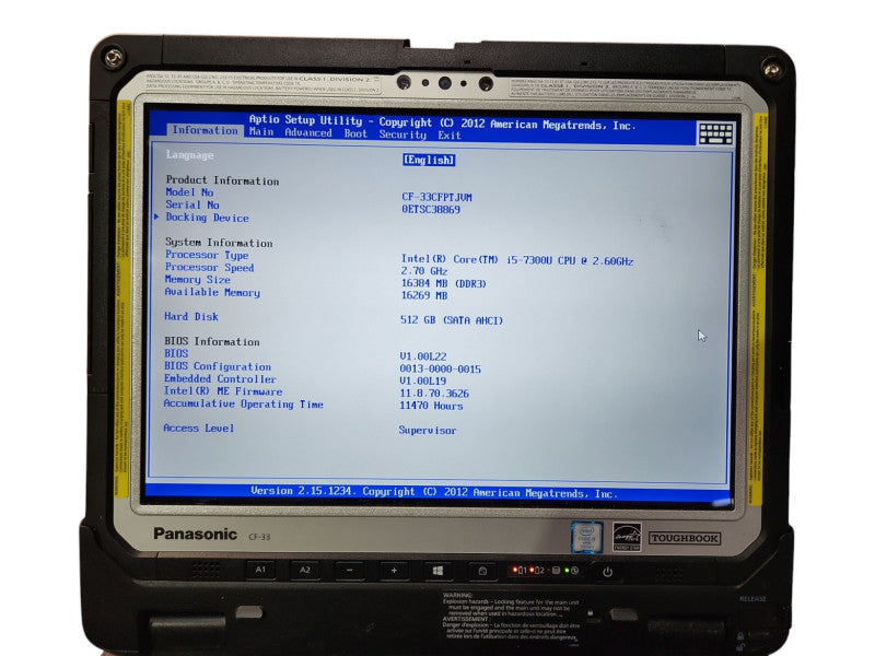 Panasonic Toughbook CF-33, i5-7300U, 16GB RAM, 512GB, 11470 Hours Q Lap200