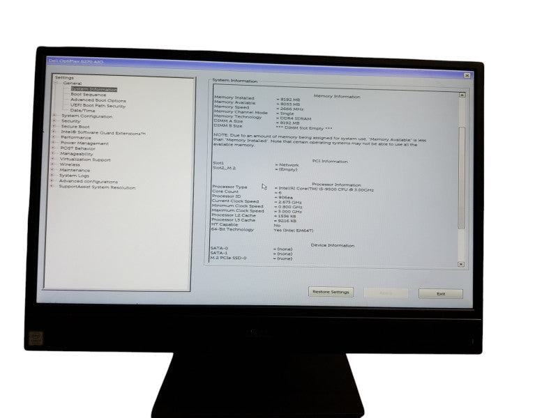 Dell OptiPlex 5270 Intel i5-9500 CPU 3.00GHz 8GB RAM - NO HDD Q