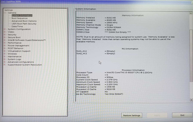 Dell OptiPlex 3070 USFF Intel i5-9500T CPU 2.20 GHz 8GB RAM - NO HDD Q