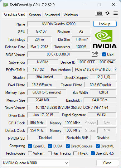 NVIDIA Quadro K2000 | 2GB GDDR5 GPU | 1x DVI 2x Display Port Q