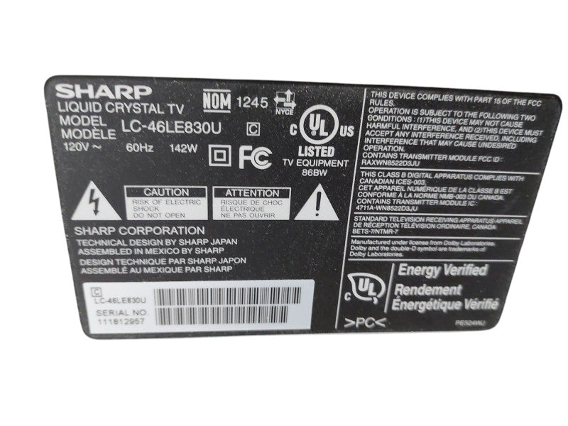Sharp Aquos Liquid Crystal TV 46" Model: LC-46LE830U Q=