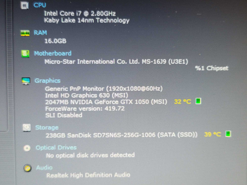 MSI GL62M i7-7700HQ 16GB DDR4 GTX 1050 256GB M.2 SSD  β Lap200