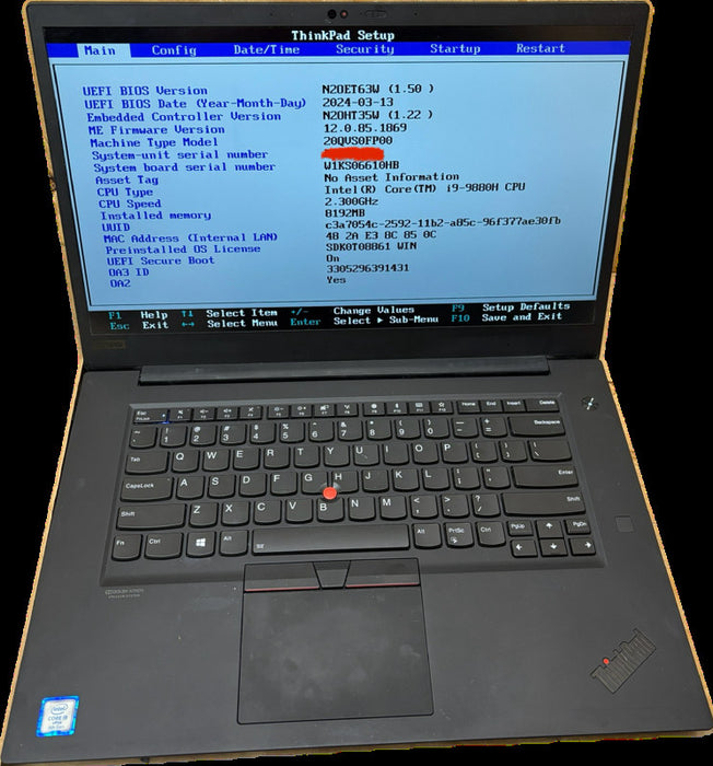 Lenovo ThinkPad  X1 Extreme i9-9880H No Battery For Parts/Repair READ!  Lap200