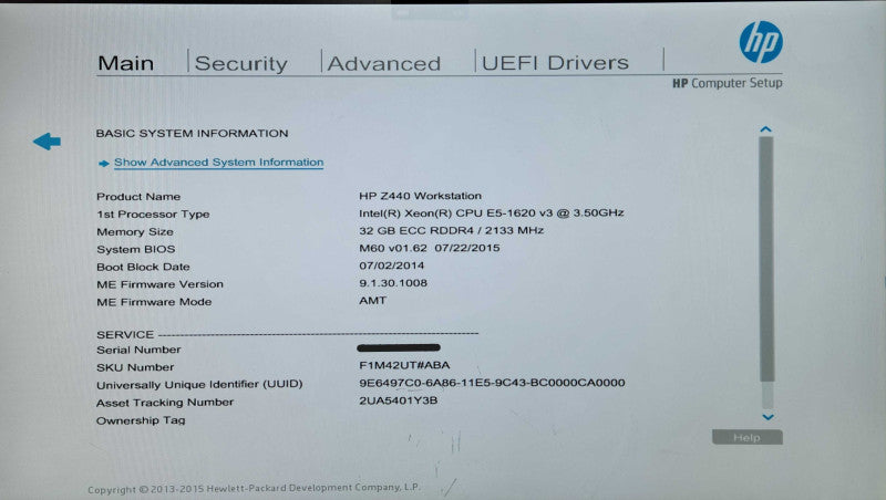 HP Z440 Workstation, Xeon E5-1620 v3 3.50GHz, 32GB DDR4, K2200, No HDD