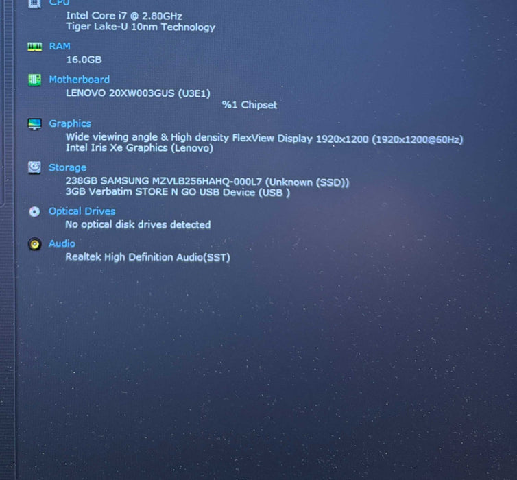 Lenovo ThinkPad X1 Carbon Gen 9 i7-1165G7@2.8GHz 16GB RAM 256GB SSD  Lap200